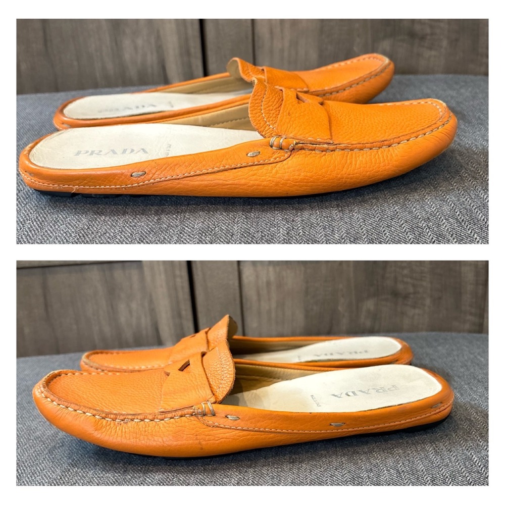 Prada Orange Pebbled Leather Mule Loafers Slip On Italy Womens 39 - Picture 2 of 8